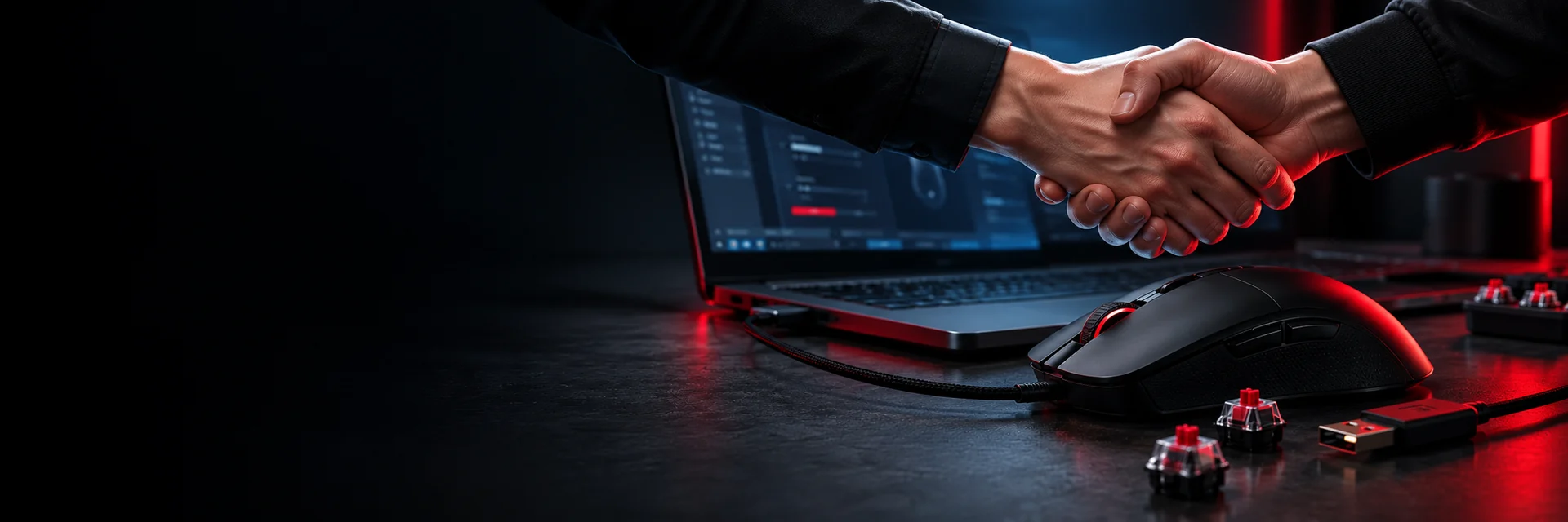 Gaming ekipmanları ve bilgisayar başında iş ortaklığını simgeleyen el sıkışma